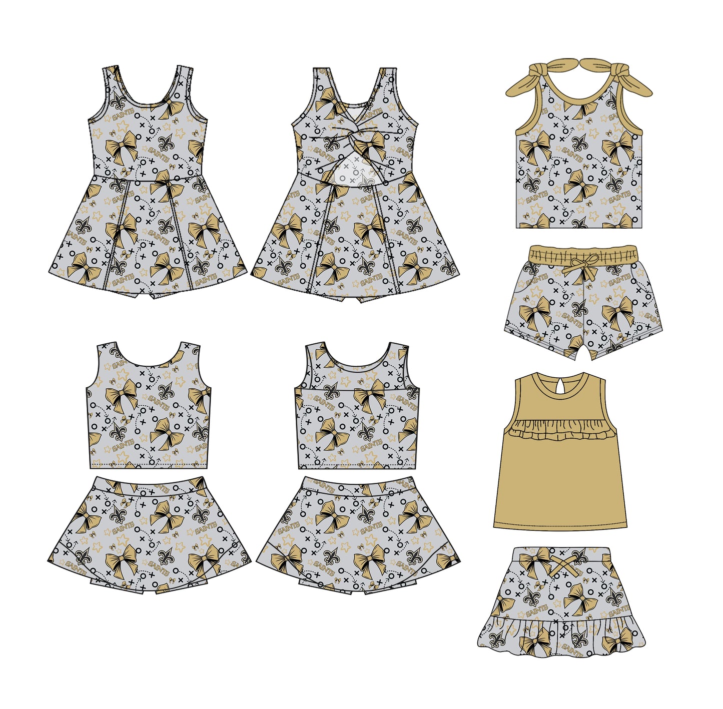 (Custom Design Preorder MOQ 5 Each Design) Team's SAINTS Bows Print Girls Summer Matching Clothes Sisters Wear