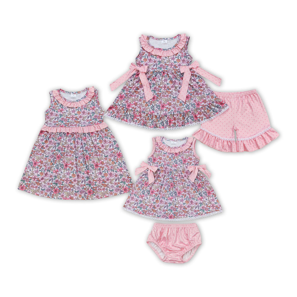 Pink Flowers Dots Print Sisters Summer Matching Clothes