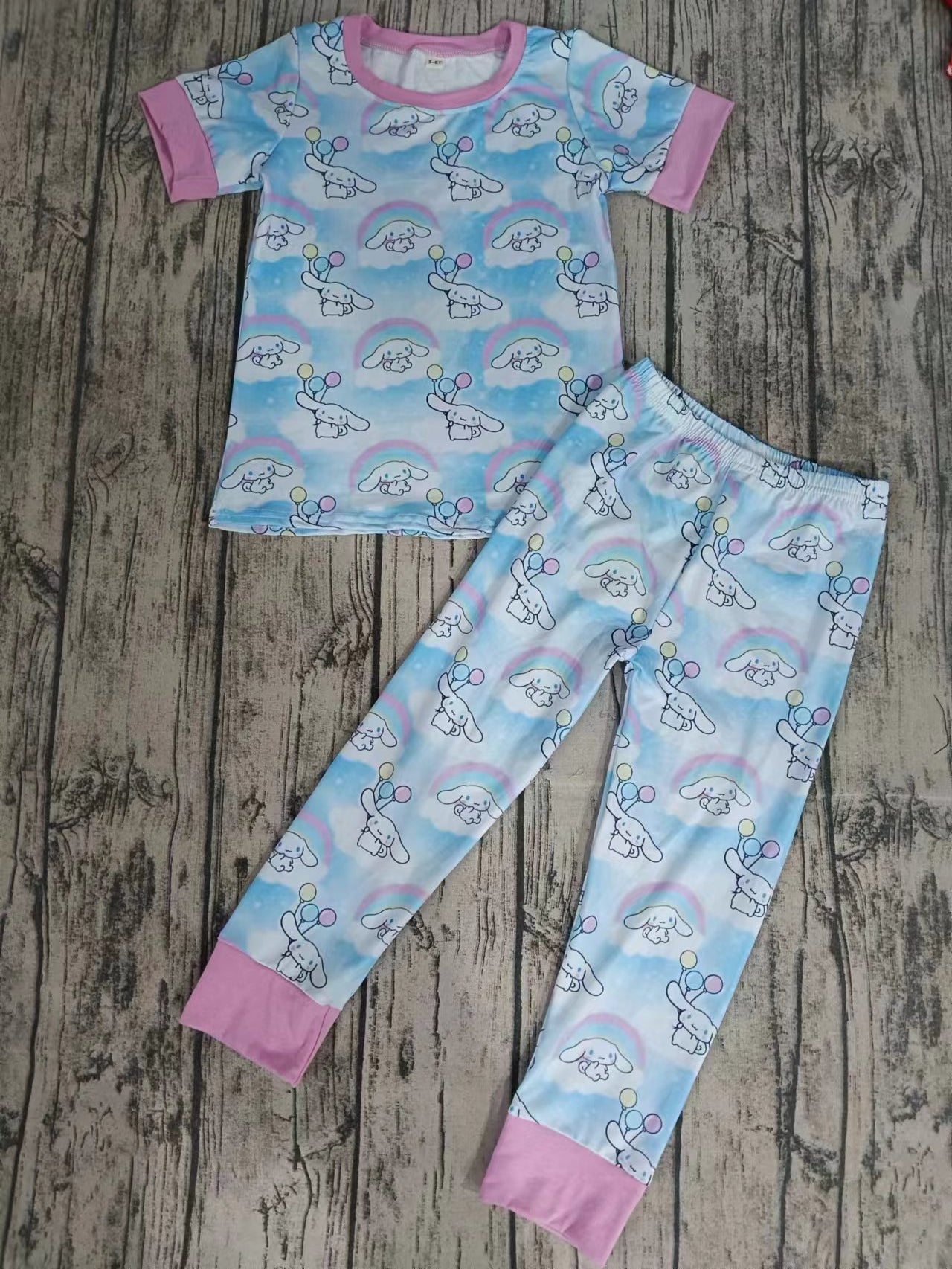 (Custom Design Preorder MOQ 5) Cute Bunny Rainbow Print Girls Pajamas Clothes Set