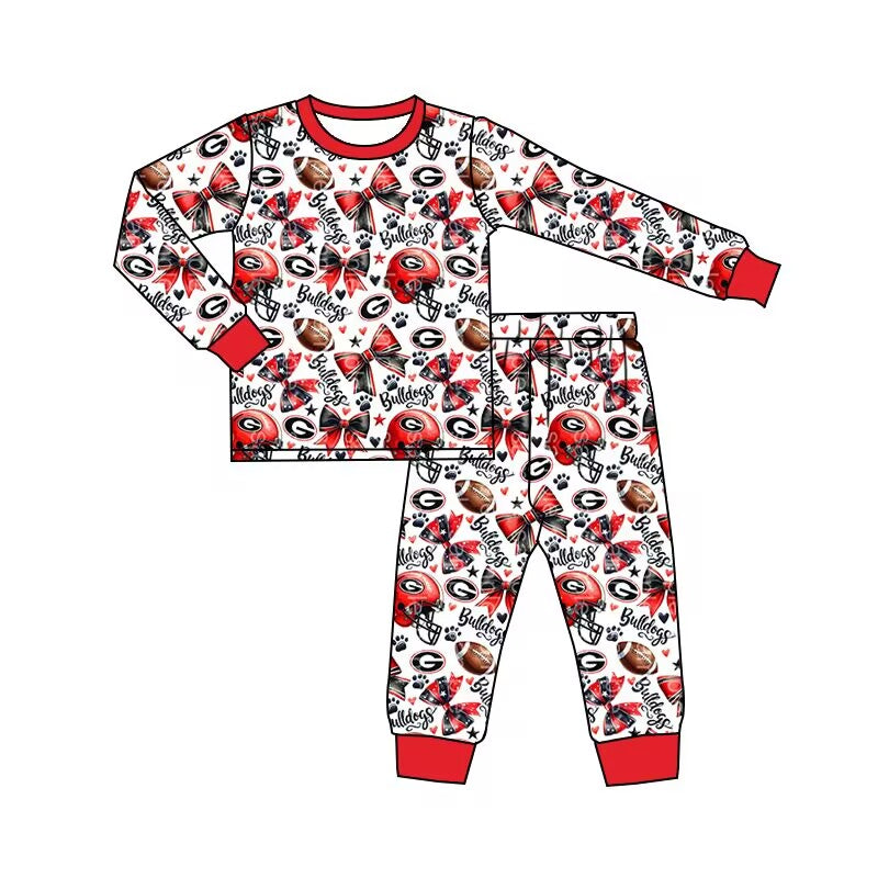 (Custom Design Preorder MOQ 5) Team's BULLDOGS Bows Print Girls Pajamas Clothes Set