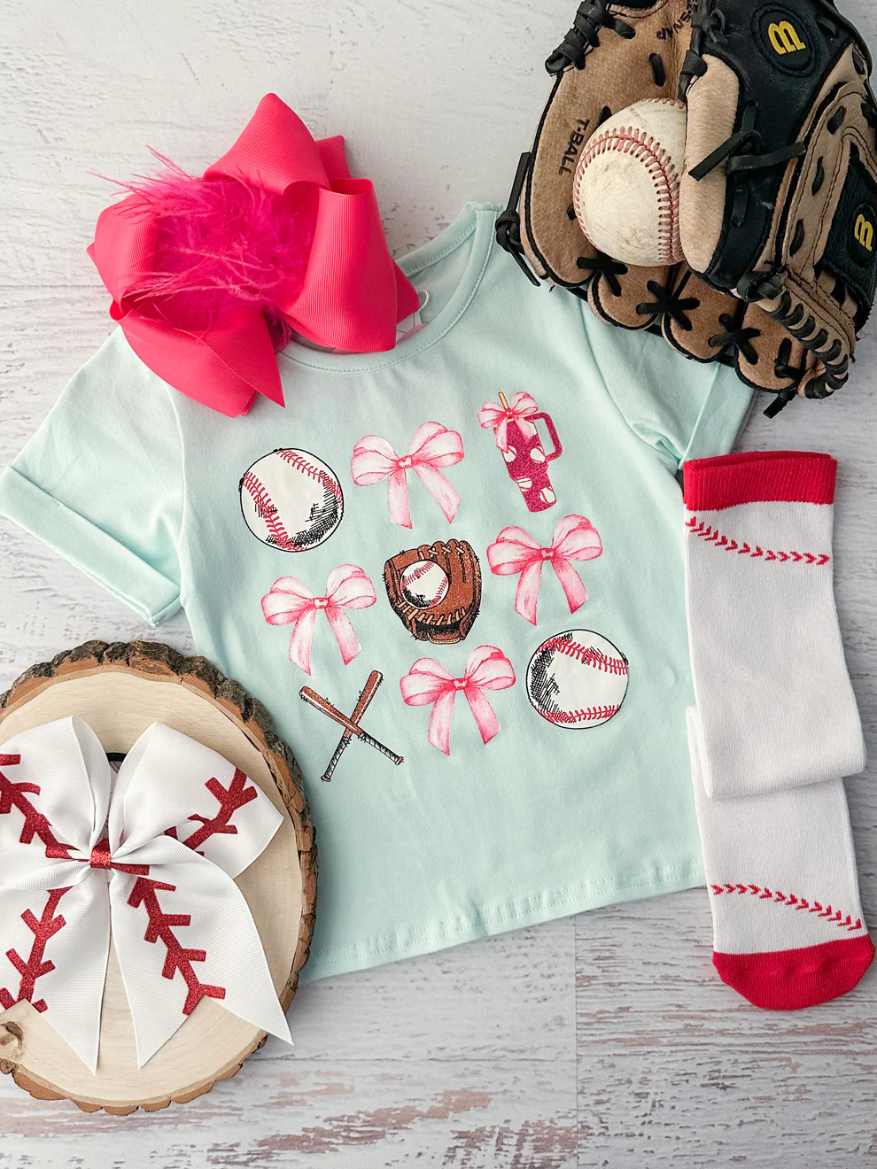 (Custom Design Preorder MOQ 5) Bows Baseball Print Girls Summer Tee Shirts Top