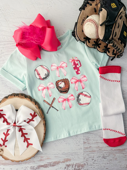 (Custom Design Preorder MOQ 5) Bows Baseball Print Girls Summer Tee Shirts Top