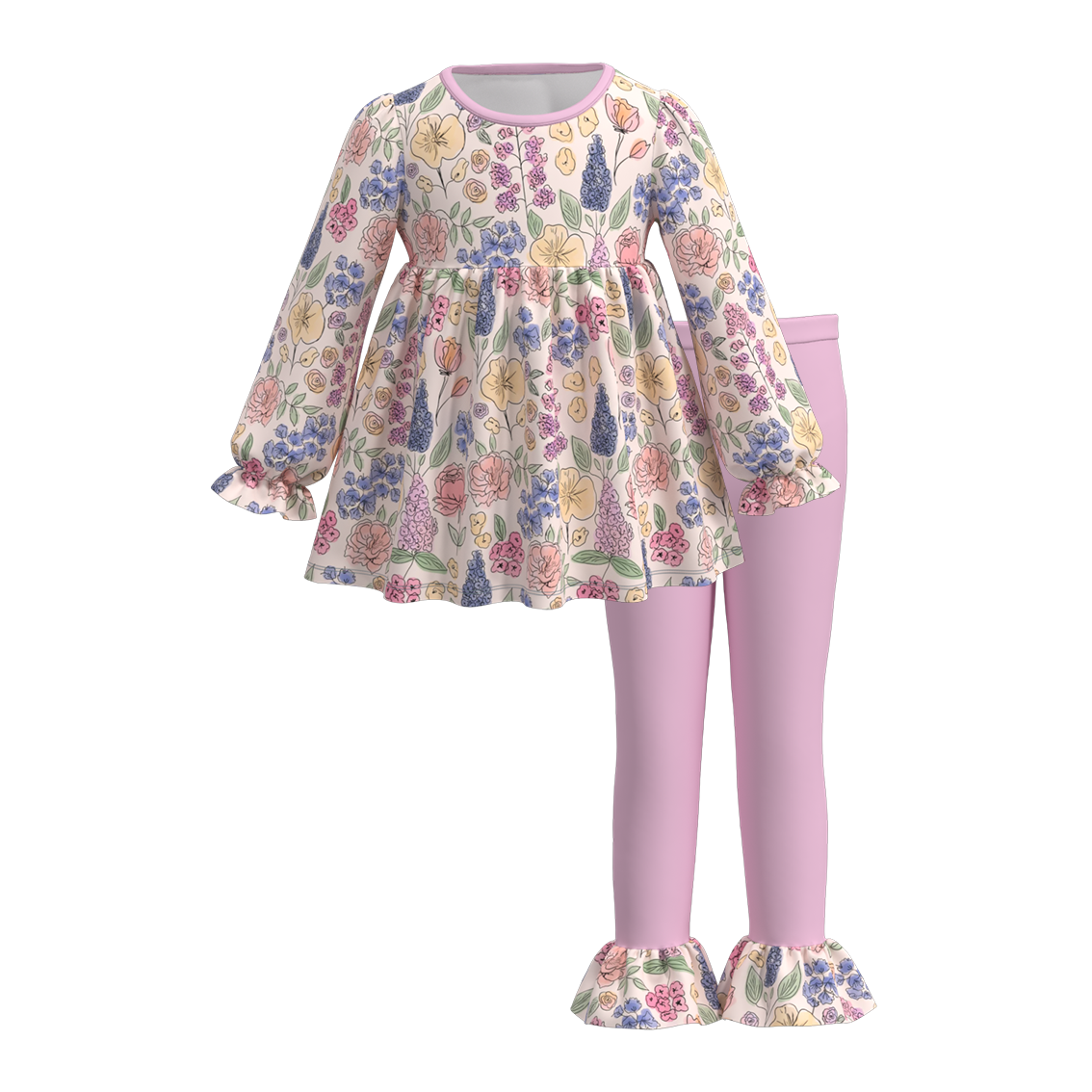 (Custom Design Preorder MOQ 5) Flowers Tunic Top Purple Pants Girls Fall Clothes Set