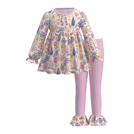 (Custom Design Preorder MOQ 5) Flowers Tunic Top Purple Pants Girls Fall Clothes Set