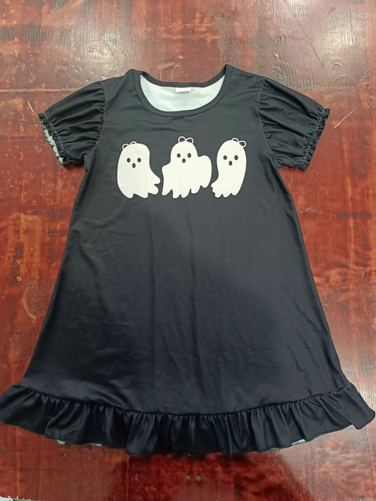 (Custom Design Preorder MOQ 5) Ghost Black Print Girls Knee Length Halloween Dress