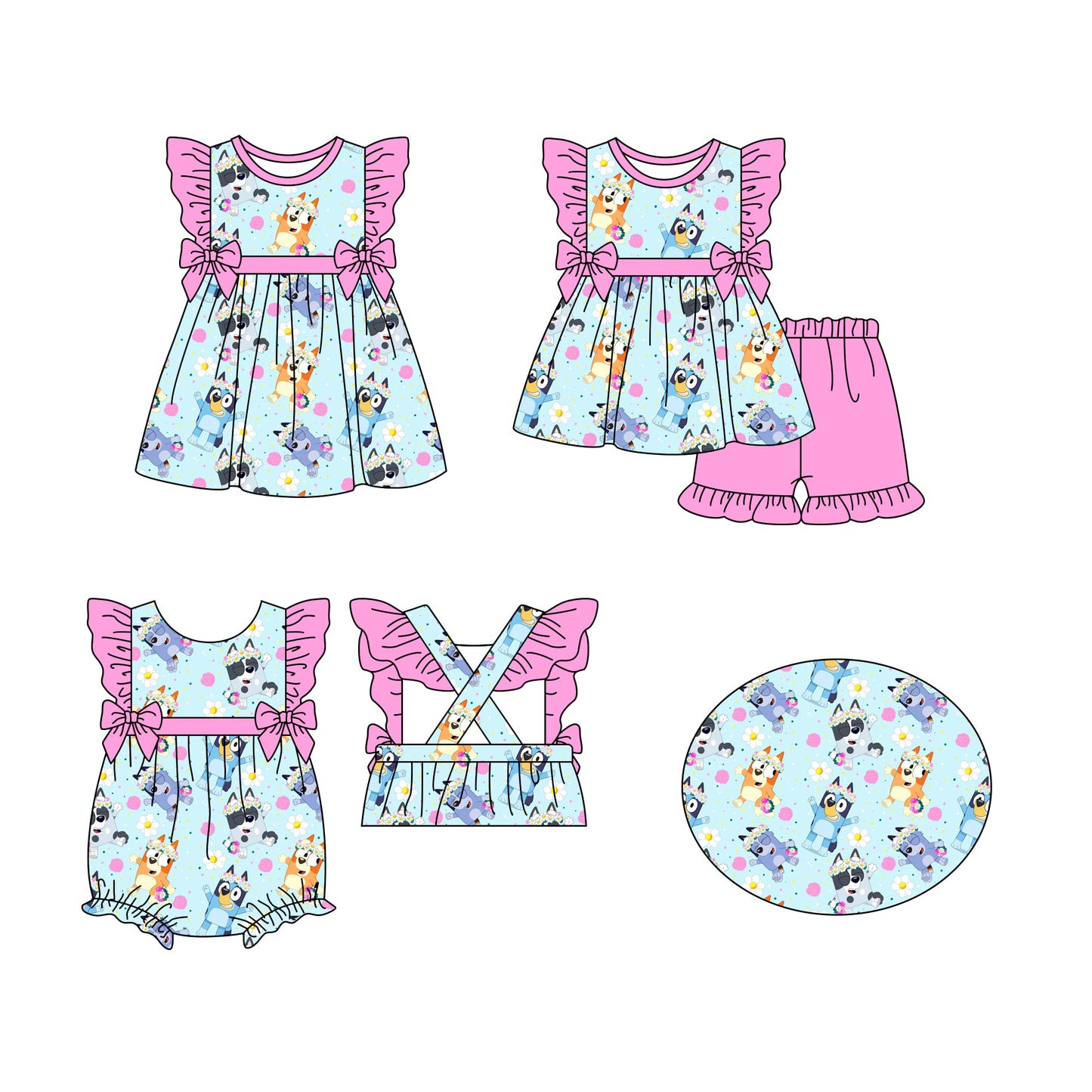 12.11(Custom Design Preorder MOQ 5 Each Design) Cartoon Dog Print Girls Summer Matching Clothes Sisters Wear