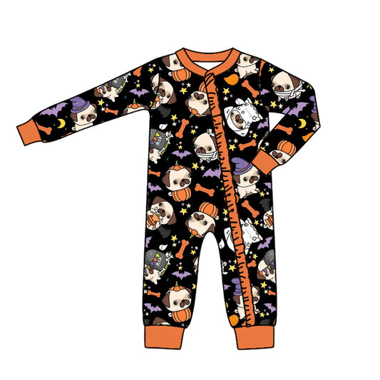 (Custom Design Preorder MOQ 5) Dog Pumpkin Print Baby Girls Halloween Bamboo Sleeper Zipper Romper