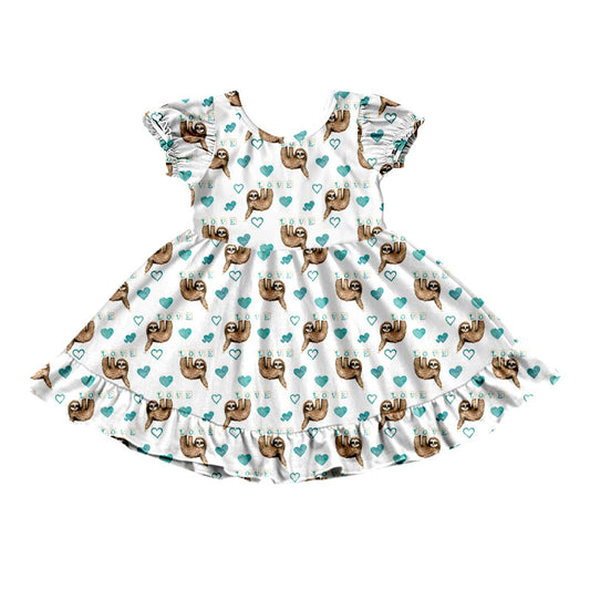 (Custom Design Preorder MOQ 5) Blue Sloth Love Heart Print Girls Valentine's Knee Length Dress