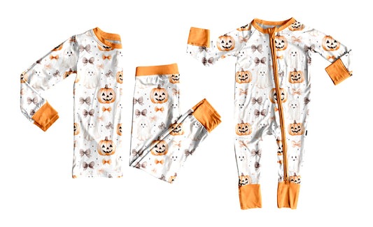 7.1(Custom Design Preorder MOQ 5 Each Design) Pumpkin Bows Spooky Print Girls Halloween Matching Clothes Sisters Wear