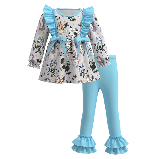 (Custom Design Preorder MOQ 5)  Cartoon Dog Tunic Top Blue Pants Girls Halloween Clothes Set