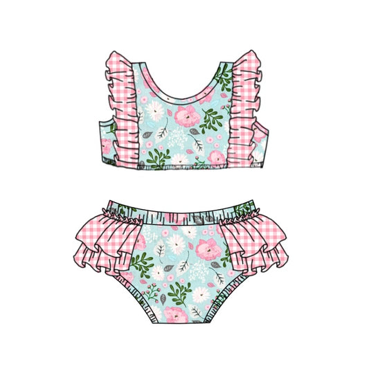 (Custom Design Preorder MOQ 5) Pink Flowers Print Girls 2 Pieces Swimsuits