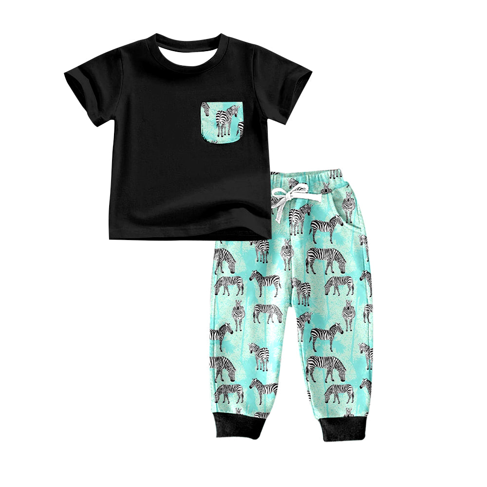 (Custom Design MOQ 5)  Zebra Print Black Top Boys Clothes Set