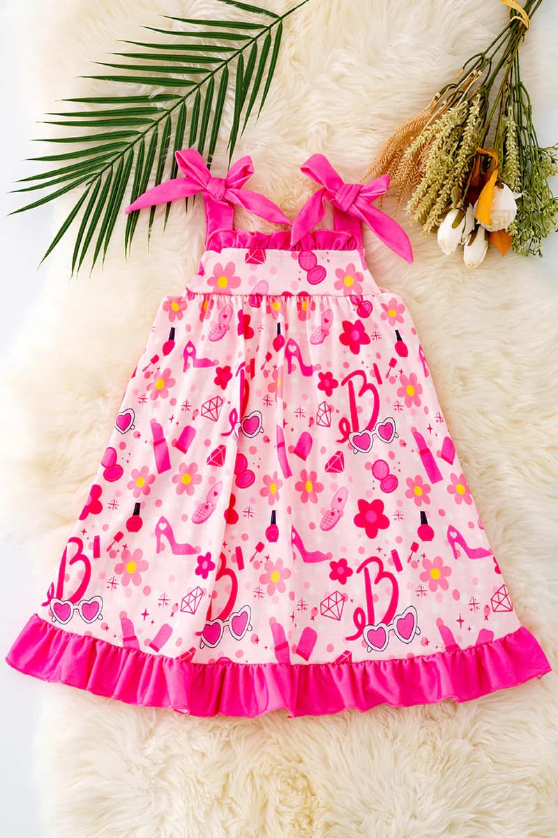 (Custom Design Preorder MOQ 5) Hot Pink BA Flowers Print Girls Knee Length Summer Dress
