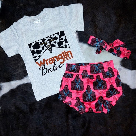 (Custom Design Preorder MOQ 5) Wranglin Babe Top Tags Aztec Shorts Baby Girls Summer Western Bummie Set