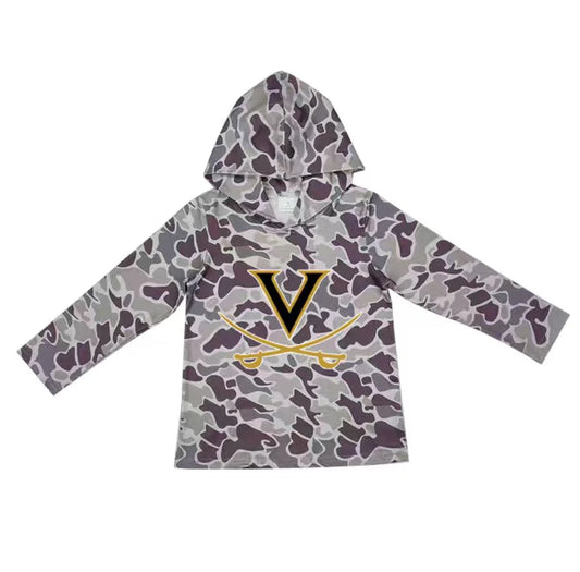 (Custom Design Preorder MOQ 5) Team Vanderbilt Camo Print Kids Long Sleeve Hoodie Top