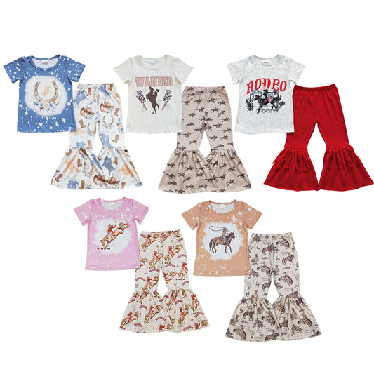 5 Colors Rodeo Western Print Bell Pants Girls Clothes Set