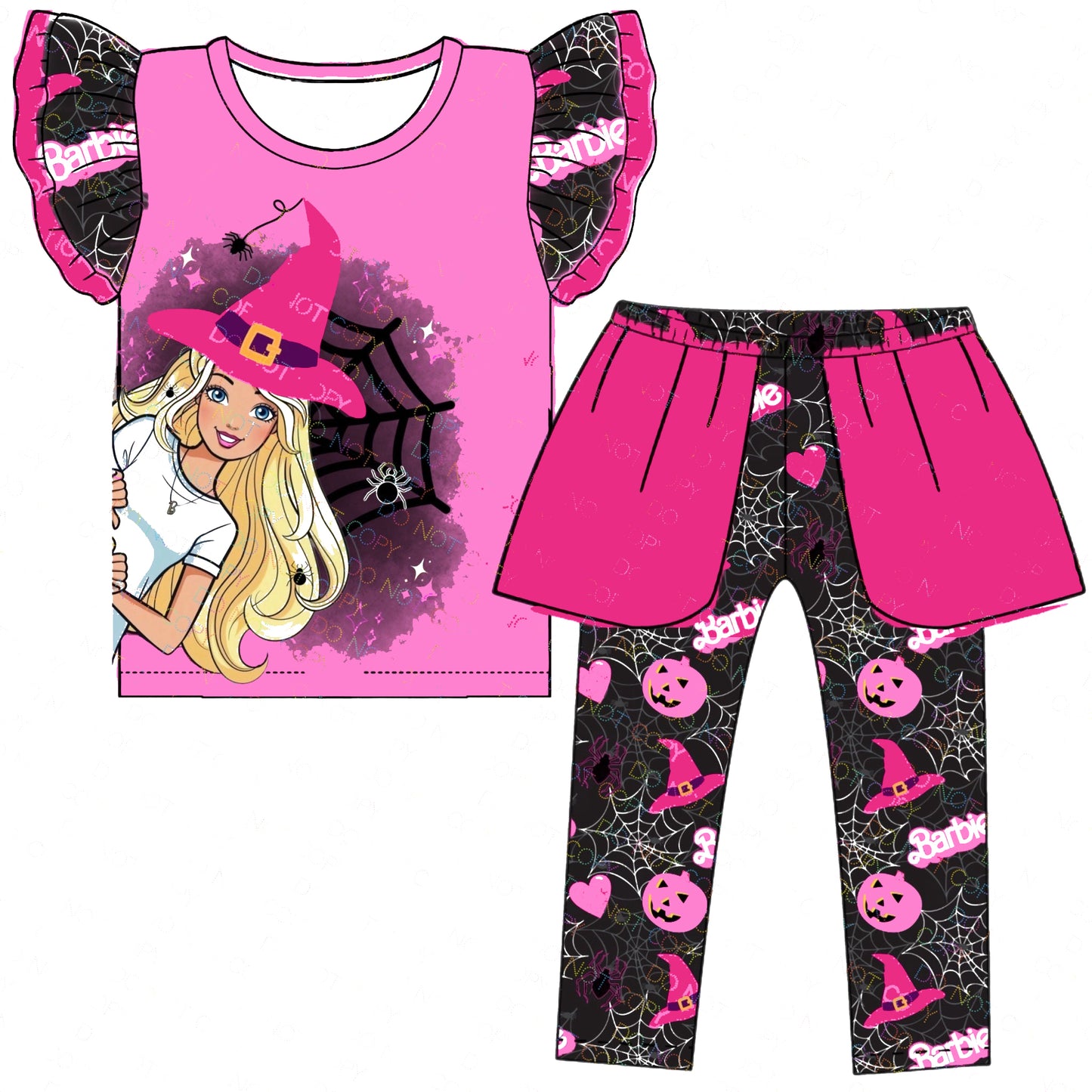 (Custom Design Preorder MOQ 5) Pink BA Pumpkin Print Girls Halloween Clothes Set