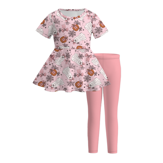 (Custom Design Preorder MOQ 5)  Ghost Pumpkin Tunic Top Pink Pants Girls Halloween Clothes Set