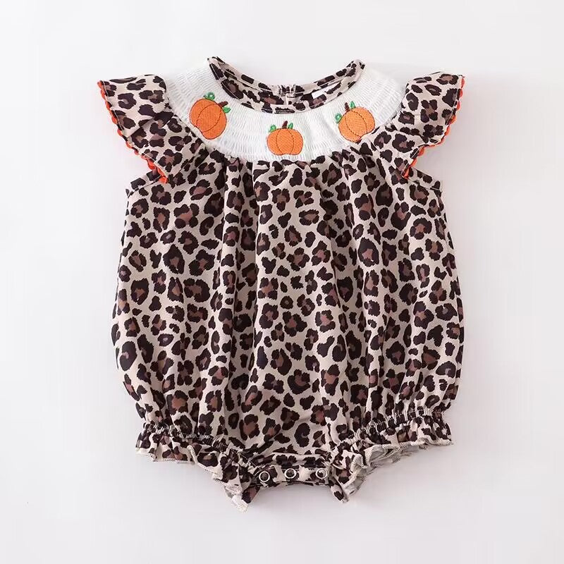 (Custom Design Preorder MOQ 5) Leopard Pumpkin Print Baby Girls Fall Romper