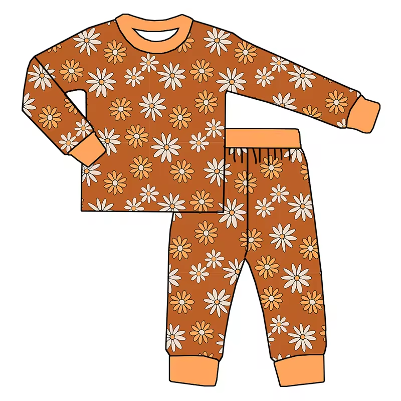 (Custom Design Preorder MOQ 5) Brown Flowers Print Girls Fall Pajamas Clothes Set