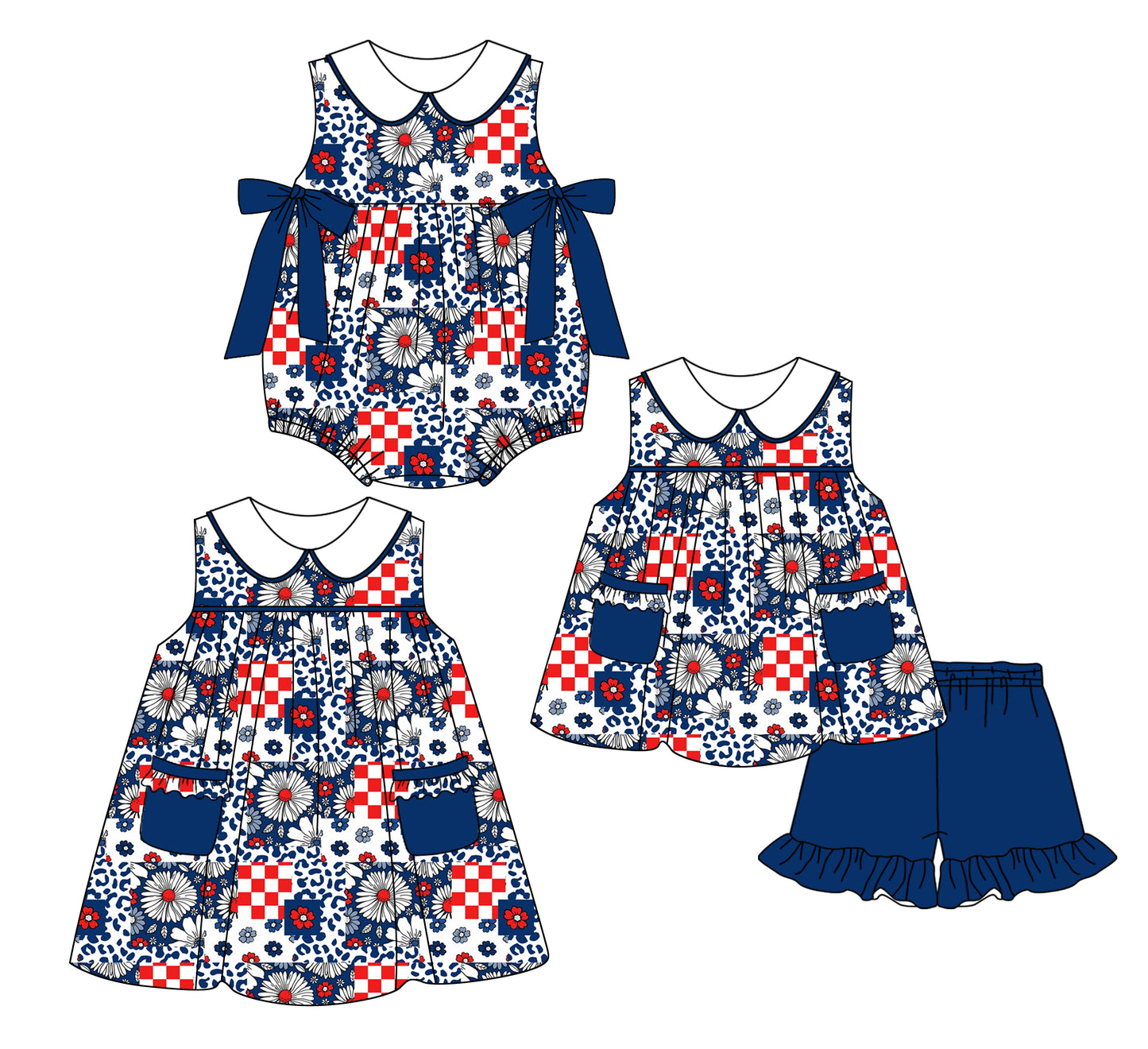 2.22(Custom Design Preorder MOQ 5 Each Design) Red Navy Flowers Print Girls 4th of July Matching Clothes Sisters Wear