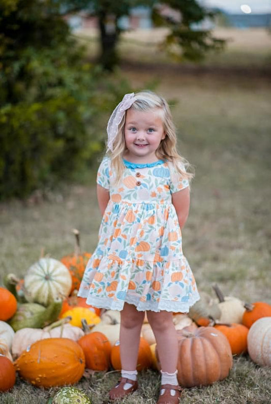 (Custom Design Preorder MOQ 5)  Pumpkin Print Girls Knee Length Fall Dress