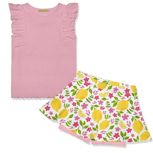 (Custom Design Preorder MOQ 5) Pink Top Lemon Flowers Skirts Shorts Girls Summer Clothes Set