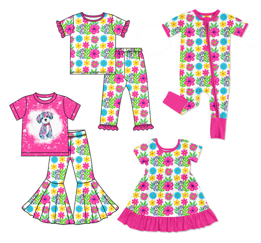 12.4 (Custom Design Preorder MOQ 5 Each Design) Puppy Flowers Print Girls Matching Clothes Sisters Wear