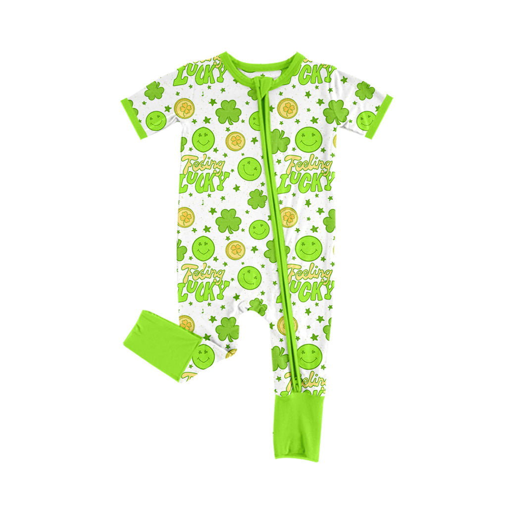 (Custom Design Preorder MOQ 5)  Lucky Smiling Stars Print Baby Girls St. Patrick's Day Bamboo Sleeper Zipper Romper