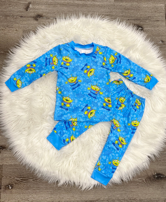 (Custom Design Preorder MOQ 5)  Blue Monster Print Boys Pajamas Clothes Set