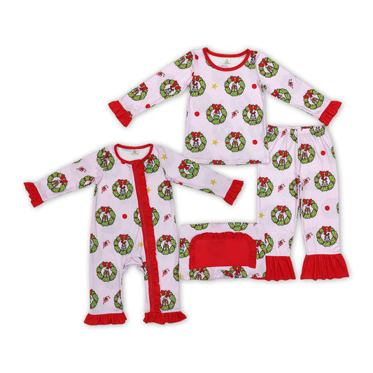 Green Frog Holly Flowers Print Sisters Christmas Bamboo Matching Pajamas Clothes