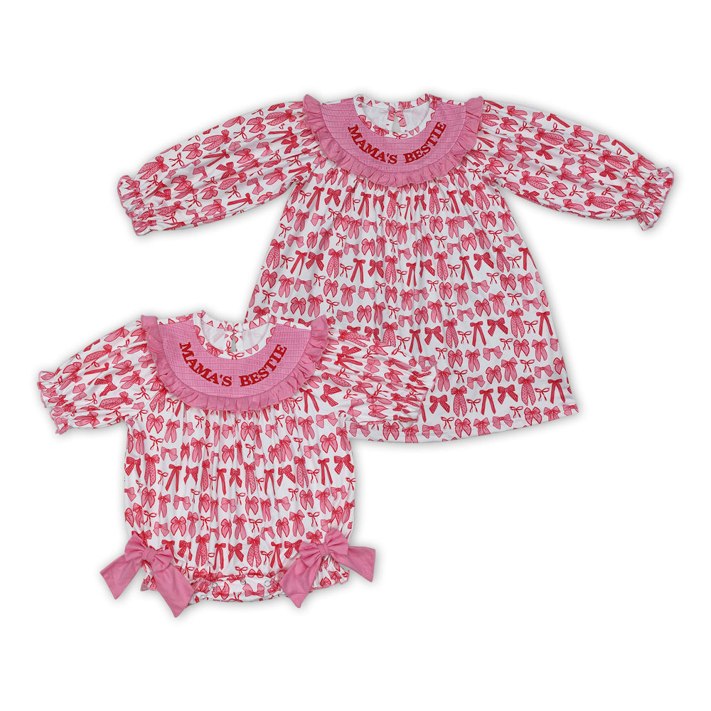 MAMA'S BESTIE Embroidery Pink Bows Print Sisters Summer Matching Smocked Clothes