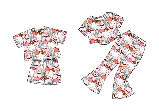 5.2(Custom Design Preorder MOQ 5 Each Design) Ghost Pumpkin Cactus Print Girls Halloween Matching Clothes Sisters Wear
