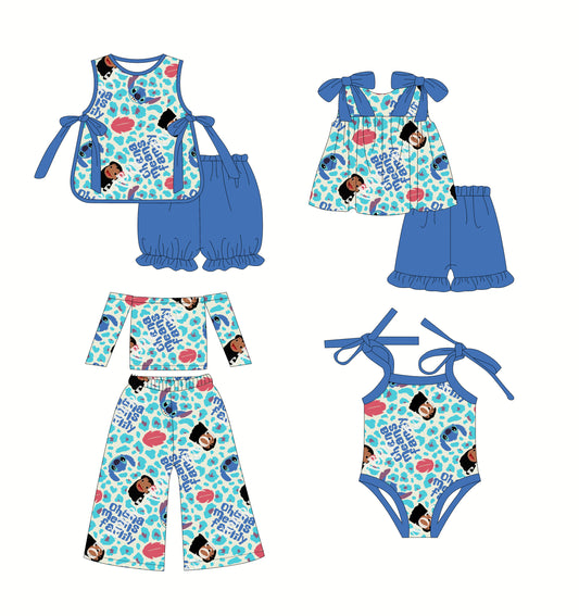 2.22(Custom Design Preorder MOQ 5 Each Design) Cartoon Princess Moan* Blue Leopard Print Girls Summer Matching Clothes Sisters Wear