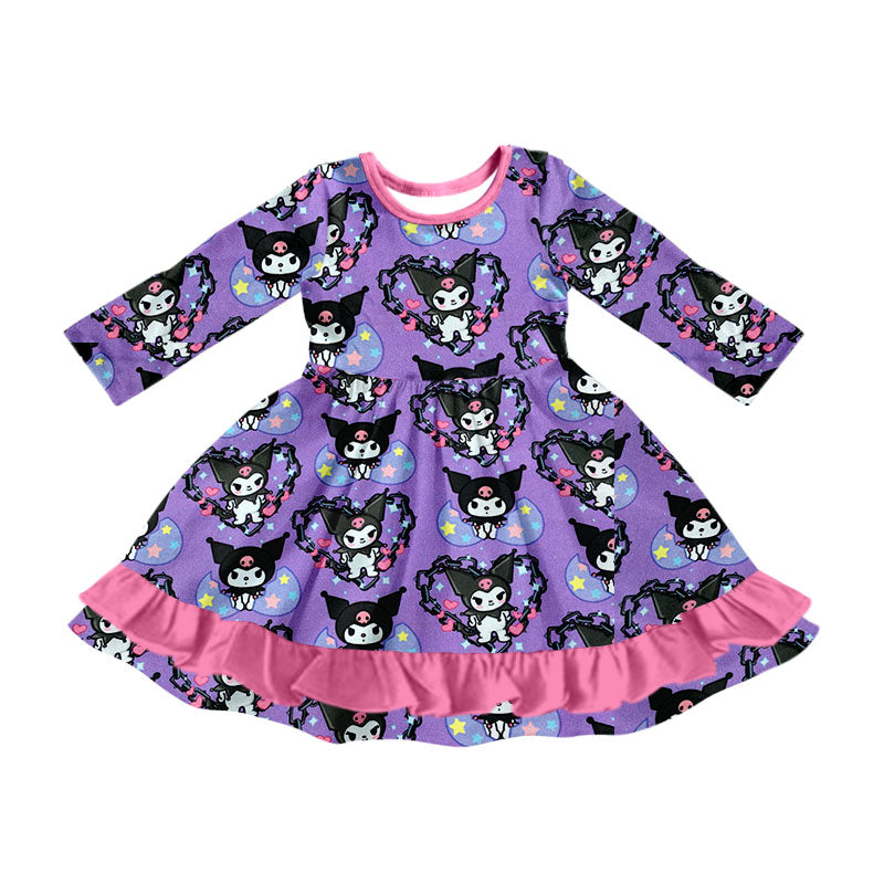 (Custom Design Preorder MOQ 5) Cartoon Animals Purple Print Ruffle Girls Knee Length Dress