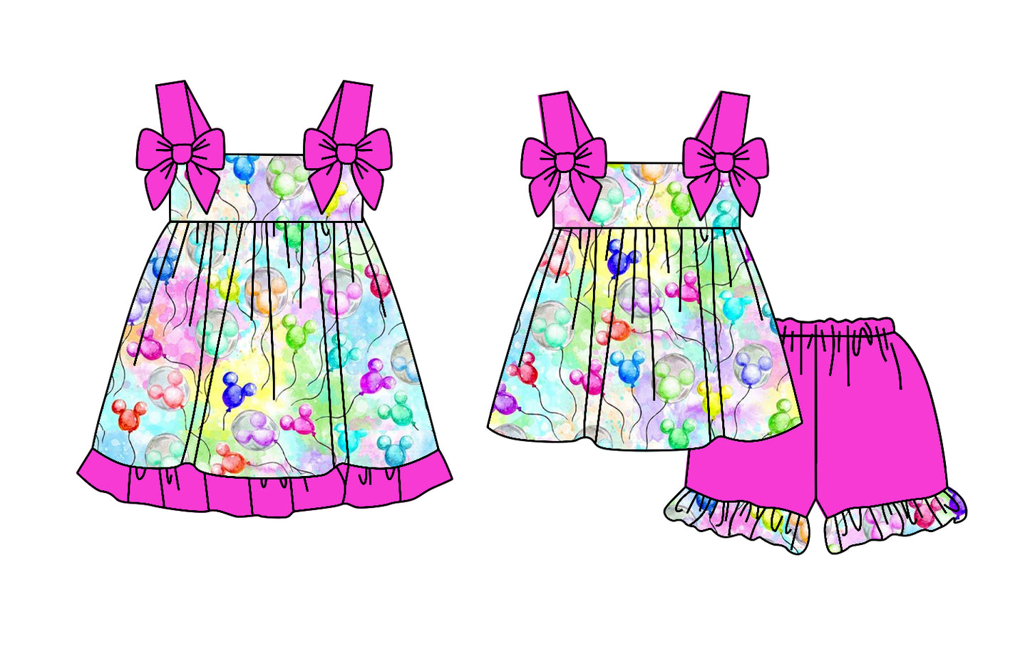 2.24(Custom Design Preorder MOQ 5 Each Design) Cartoon Mouse Balloon Print Girls Summer Matching Clothes Sisters Wear
