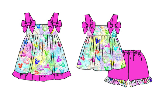 2.24(Custom Design Preorder MOQ 5 Each Design) Cartoon Mouse Balloon Print Girls Summer Matching Clothes Sisters Wear