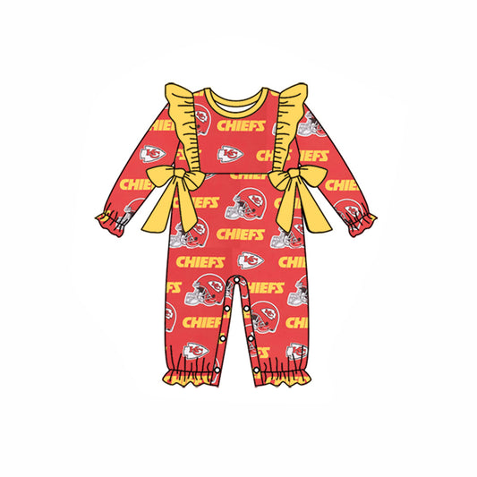 (Custom Design Preorder MOQ 5) Team's KC Red Yellow Print Bows Baby Girls Fall Romper