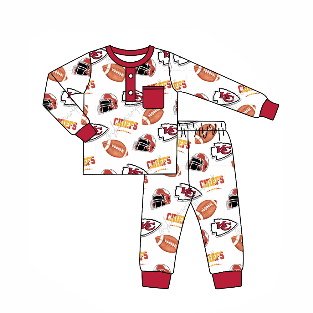 (Custom Design Preorder MOQ 5) Team's KC White Print Pocket Boys Fall Pajamas Clothes Set