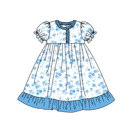 12.10(Custom Design Preorder MOQ 5) Blue Flowers Print Girls Summer Pajamas Knee Length Dress