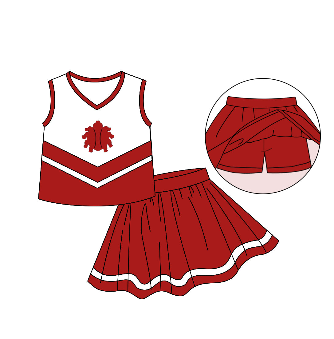 (Custom Design Preorder MOQ 5)  Team's Red Print Skirts With Shorts Girls Summer Clothes Set