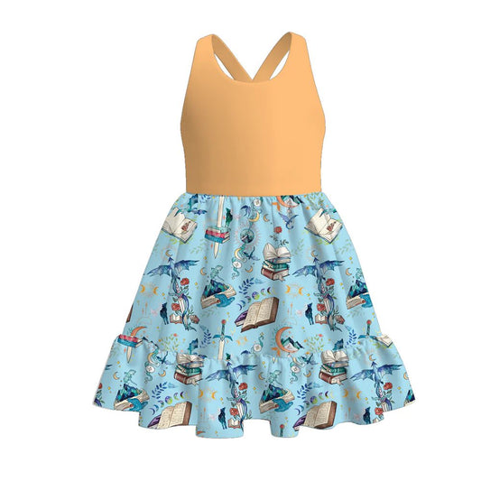 (Custom Design Preorder MOQ 5) Cartoon Magic Books Print Girls Summer Knee Length Dress