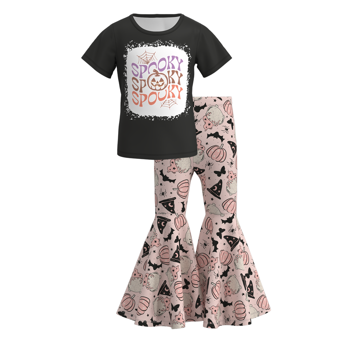 (Custom Design Preorder MOQ 5) Pumpkin Spooky Top Bell Pants Girls Halloween Clothes Set