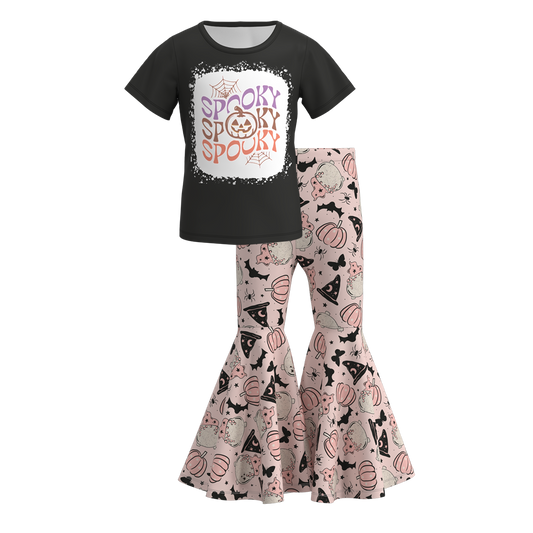 (Custom Design Preorder MOQ 5) Pumpkin Spooky Top Bell Pants Girls Halloween Clothes Set