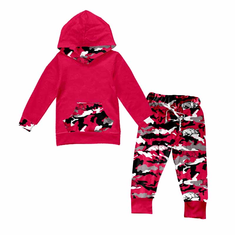 (Custom Design Preorder MOQ 5) Team's ARKANSAS RAZORBACKS Print Red Hoodie Top Camo Pockets Pants Boys Fall Clothes Set