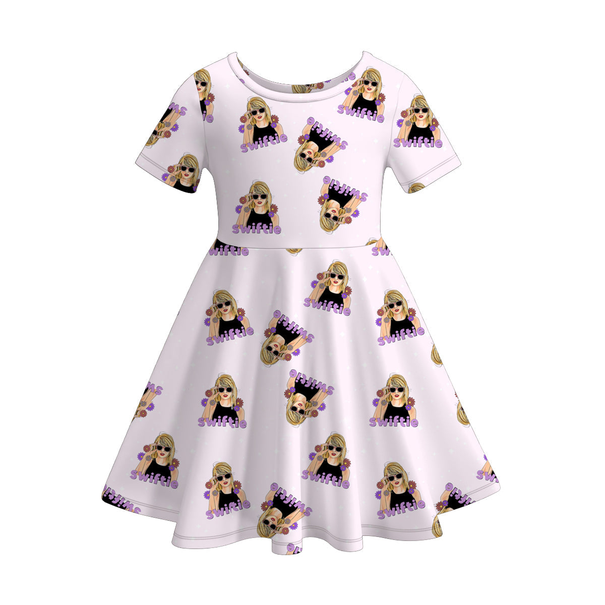 (Custom Design Preorder MOQ 5)  Singer Swiftie Purple Flowers Print Girls Knee Length Summer Dress