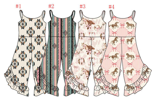 2.22(Custom Design Preorder MOQ 5 Each Design) Aztec Horse Cows Bows Western Print Girls Summer Jumpsuits
