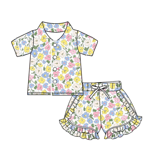(Custom Design Preorder MOQ 5) Blue Pink Yellow Flowers Print Girls Summer Pajamas Clothes Set