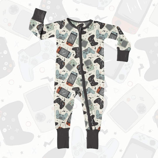 (Custom Design Preorder MOQ 5) Game Machine Print Baby Boys Sleeper Zipper Romper