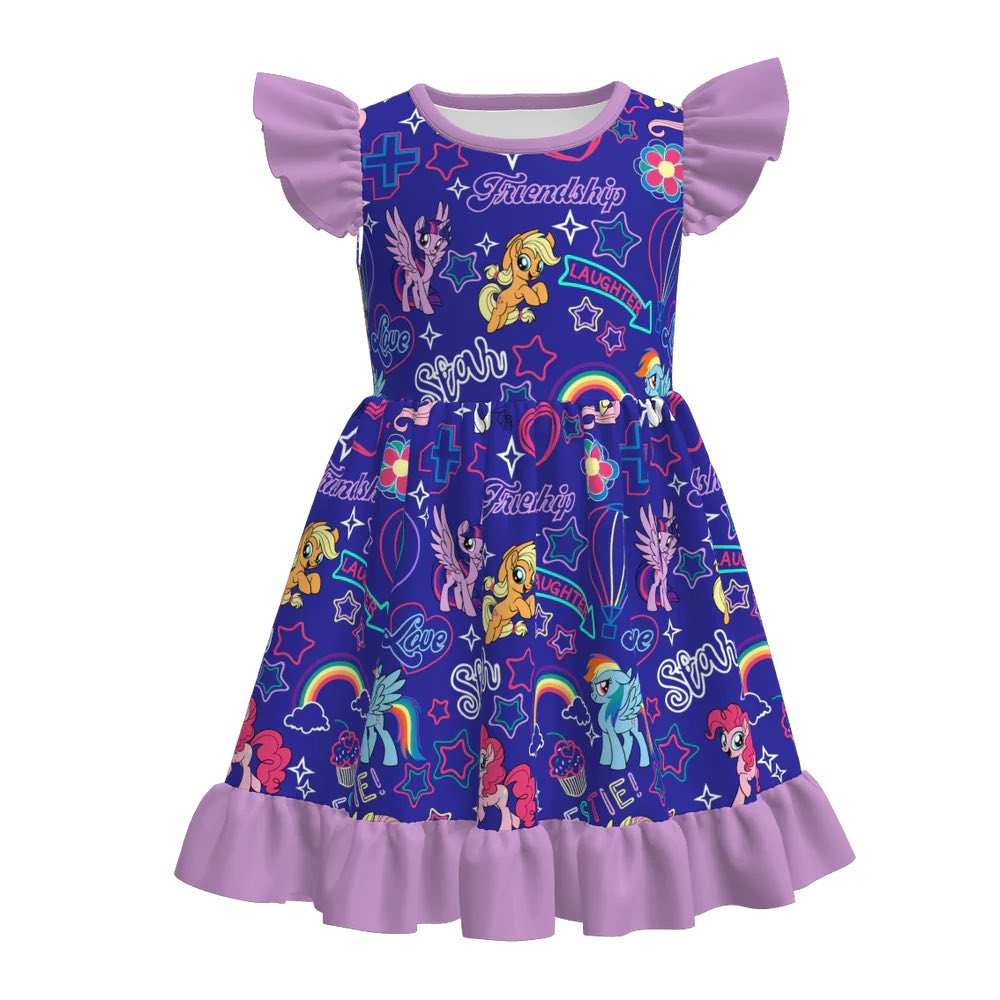 (Custom Design Preorder MOQ 5) Cartoon Horse Print Girls Summer Knee Length Dress